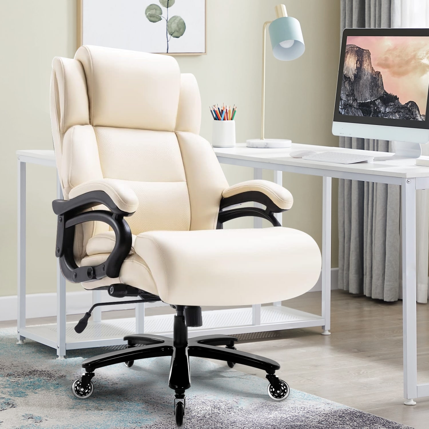 Big And Tall 400lbs Office Chair - Adjustable Lumbar Support Heavy Duty Metal Base Quiet Rubber Wheels High Back Large Executive Computer Desk Swivel Chair, Ergonomic Design For Back Pain, Beige_voghion.com